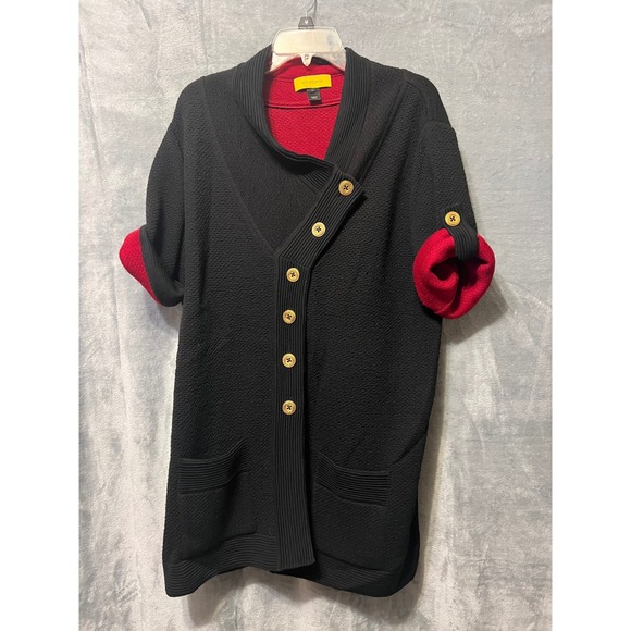 St John Black Knit Cardigan Jacket Gold Logo Buttons Red Lined Womens L